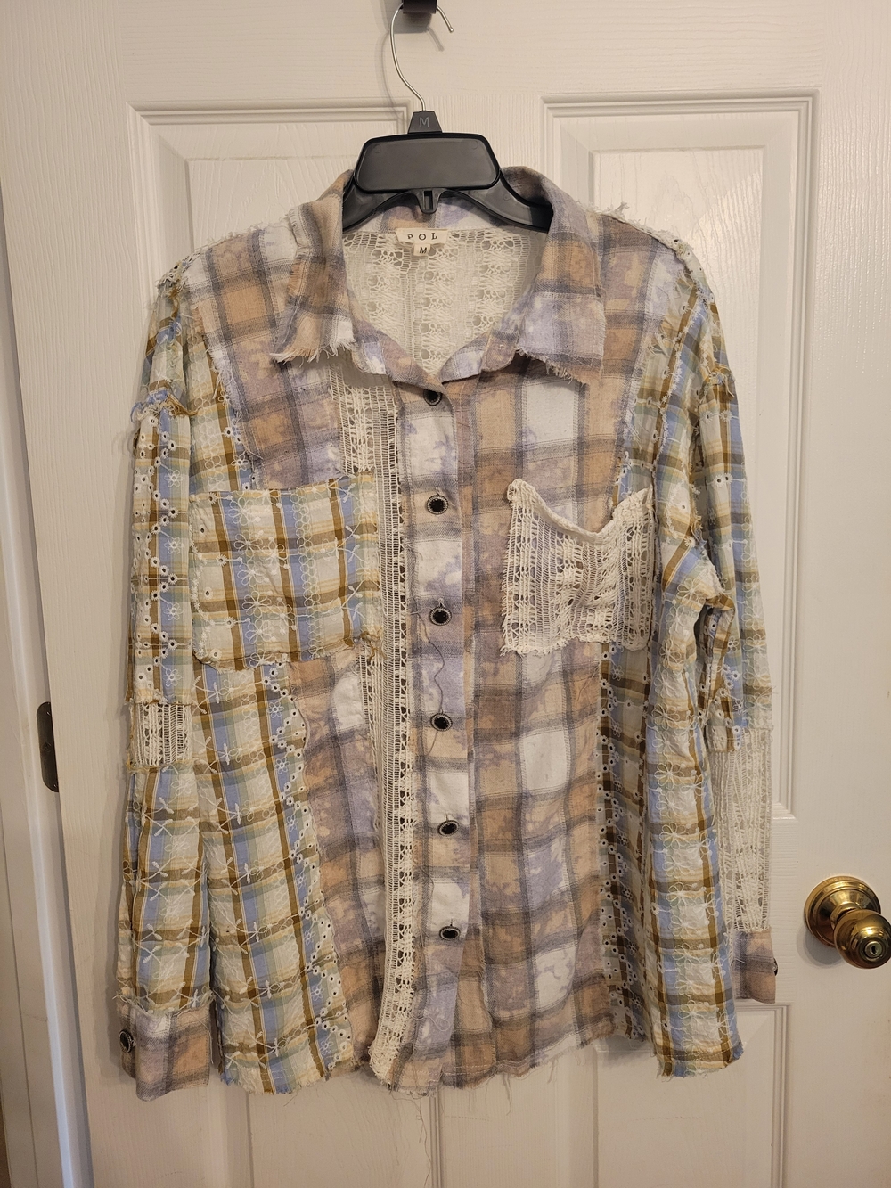 POL Lace-Trim Plaid Button-Down Shirt in Beige & Light Blue